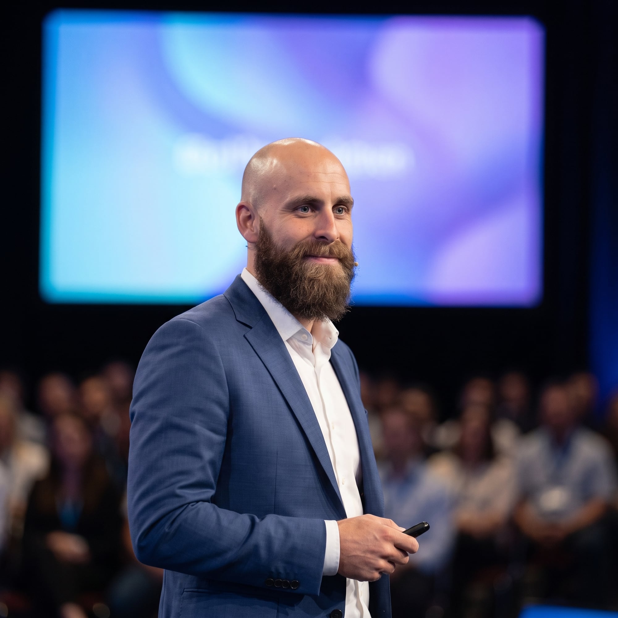 Neil Baumann speaking on stage